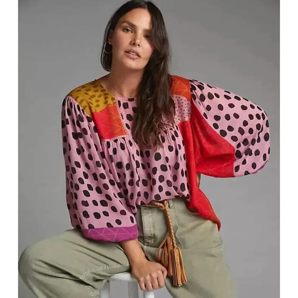 Anthropologie BL^nk Miranda Patchwork Peasant Blouse 3X Boho Mixed Print Top - Picture 5 of 10